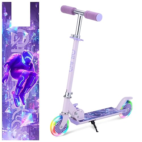 QIUYO Roller Kinder 4-7 Jahre, 2 LED Leuchtende Räder Kinderroller für Mädchen Jungenr, 3 Höhenverstellbare & Klappbar, Scooter für Kinder mit Ständer (Lila) von QIUYO