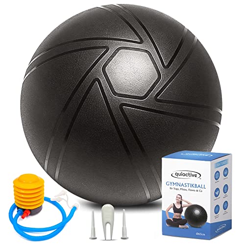 quiactive® Gymnastikball Yogaball Sitzball 65 cm schwarz - mit Fußpumpe & Übungsanleitung - Belastbarkeit bis 400 kg - strukturiert, rutschfest, antiberst - für kräftigen Rücken, Bauch & Po von quiactive