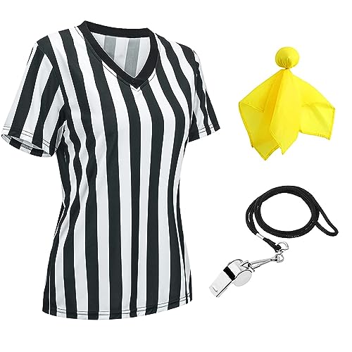 redgino Damen Schiedsrichtershirt V-Ausschnitt Fußball Basketball Beamte Trikot, Halloween Kostüm oder Kellnerin Uniform, Ref Whistle, gelbe Strafflagge L von redgino