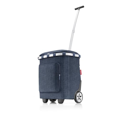 reisenthel carrycruiser Plus in Herringbone Dark Blue – Tragbarer Einkaufstrolley mit Kühlfach, Schultergurt und herausnehmbarer Netz-Innentasche – Obermaterial aus recycelten PET-Flaschen von reisenthel