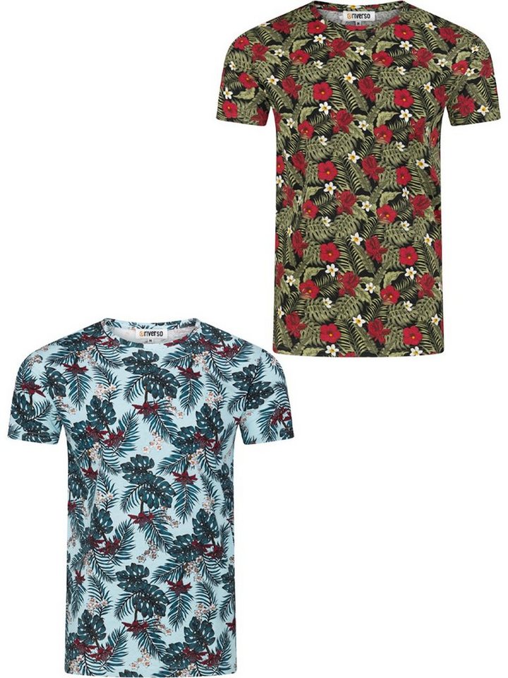 riverso T-Shirt Herren Printshirt RIVBill Regular Fit (2-tlg) Kurzarm Hawaiishirt mit Rundhalsausschnitt aus 100% Baumwolle von riverso