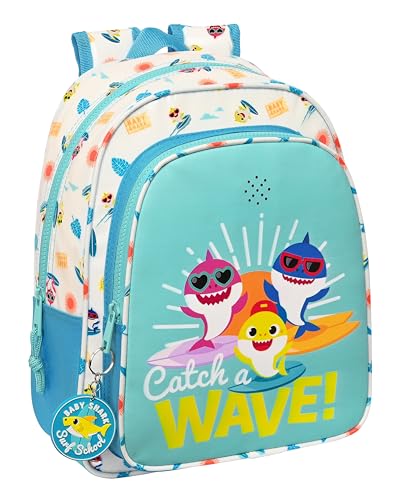 BABY SHARK SURFING Schulrucksack für Kinder mit Musik, ideal für Kinder unterschiedlichen Alters, bequem und vielseitig, Qualität und Widerstandsfähigkeit, 27 x 10 x 33 cm, Blau und Weiß, blau/weiß, von safta