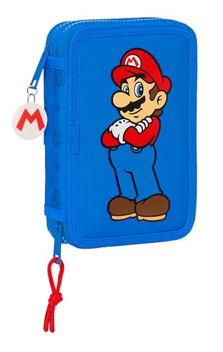 SUPER Mario Play Federmäppchen für Kinder, Federmäppchen mit Farben, mit 28 Utensilien, ideal für Kinder von 5 bis 14 Jahren, bequem und vielseitig, Qualität und Stärke, 12,5 x 4 x 19,5 cm, Blau/Rot, von safta