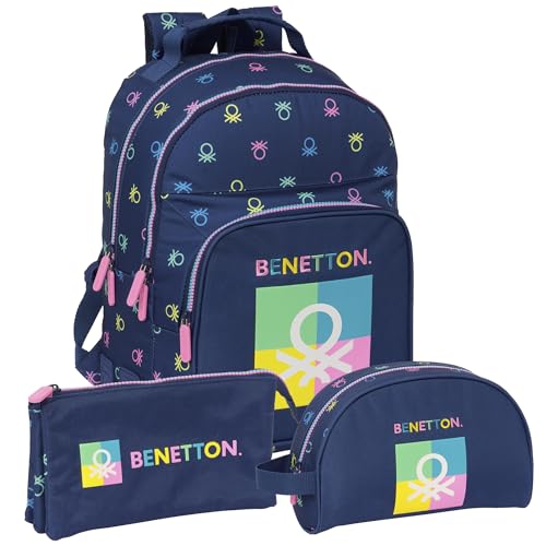 Safta Benetton Cool Pack Rucksack, Federmäppchen und Kosmetiktasche - Benetton Federmäppchen mit Dreifachfach, Benetton Rucksack, anpassbar an Trolley, Benetton Kulturbeutel anpassbar an Trolley, von safta