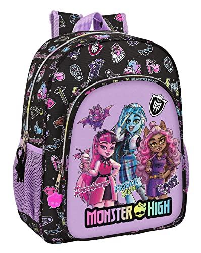 Safta Monster High Schulrucksack für Kinder, anpassbar, ideal für Kinder im Schulalter, bequem und vielseitig, Qualität und Strapazierfähigkeit, 32 x 12 x 38 cm, Schwarz, Schwarz, Estándar, Casual von safta