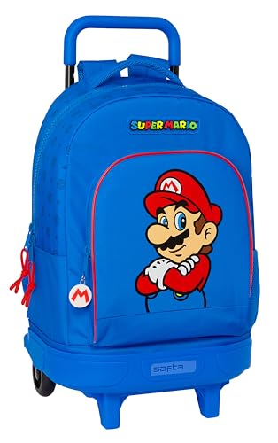 safta Super Mario Play Großer Rucksack mit Rädern, kompakt, abnehmbar, ideal für Kinder unterschiedlichen Alters, bequem und vielseitig, Qualität und Widerstandsfähigkeit, 33 x 22 x 45 cm, Blau/Rot, von safta