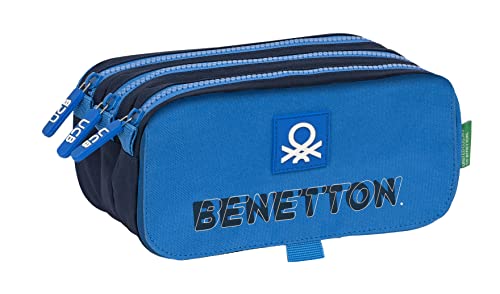 safta Benetton Deep Water - Dreifach-Federmäppchen, für Kinder, ideal für Kinder von 5 bis 14 Jahren, bequem und vielseitig, Qualität und Stärke, 21,5 x 8 x 10 cm, Blau, blau, Estándar, Lässig von safta