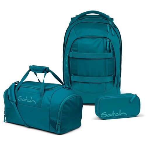 satch Pack Schulrucksack Set 3tlg. inkl. Schlamperbox und Sporttasche (Deep Petrol) von satch