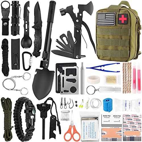 scosao Survival Kit 157Pcs Außen Notfall Ausrüstung Survival Set Outdoor Militär Erste-Hilfe-Kit Mehrzweck-Überlebenskit mit Molle-Beutel, für Herren, Camping Abenteuer/Wandern/Jagden,Green von scosao