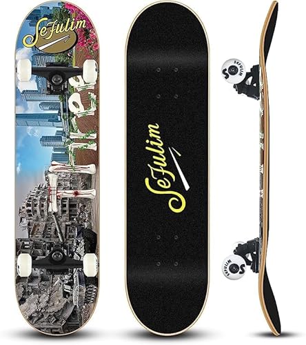 Sefulim 78,9 x 20,3 cm komplettes Skateboard, 7-lagig, kanadischer Ahorn, Doppel-Kick-Deck-Skateboard für Jungen, Mädchen, Teenager, Erwachsene, Anfänger von sefulim