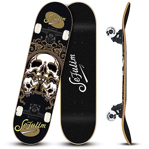 Sefulim Skull Skateboard Complete 31x8 inches Double Kick Trick Skateboards Cruiser Penny Beginners Longboard with Maple Deck Adult Boys Also Girls Skateboard… von Sefulim