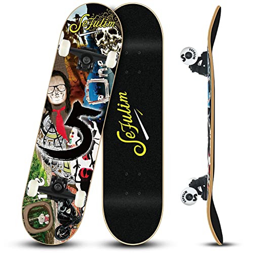 Sefulim Skateboard Professional Skateboard für Erwachsene, Jugendliche, Kinder, Anfänger, 31x8 Zoll 7 Schichten kanadischer Ahorn Double Kick Board konkave Trick Skateboard (5. Jubiläum)… von sefulim