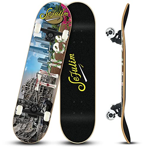 Sefulim Skateboard Professional Skateboard für Erwachsene, Jugendliche, Kinder, Anfänger, 31x8 Zoll 7 Schichten kanadischer Ahorn Double Kick Board konkave Trick Skateboard (threee)… von sefulim