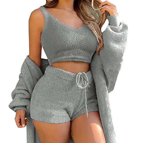 shownicer Schlafanzug Damen Mädchen Dreiteilig Ensembles de Pyjama Warm Coral Fleece Samt Nachtwäsche Kapuzenpullover Jacke Crop Tank Top und Hose 3 Stücke Sets A Grau L von shownicer