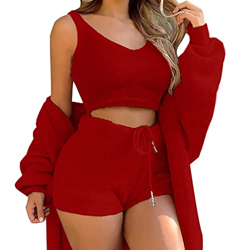 shownicer Schlafanzug Damen Mädchen Dreiteilig Ensembles de Pyjama Warm Coral Fleece Samt Nachtwäsche Kapuzenpullover Jacke Crop Tank Top und Hose 3 Stücke Sets A Rot S von shownicer