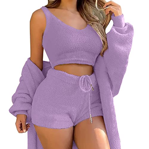 shownicer Schlafanzug Damen Mädchen Dreiteilig Ensembles de Pyjama Warm Coral Fleece Samt Nachtwäsche Kapuzenpullover Jacke Crop Tank Top und Hose 3 Stücke Sets A Violett XS von shownicer