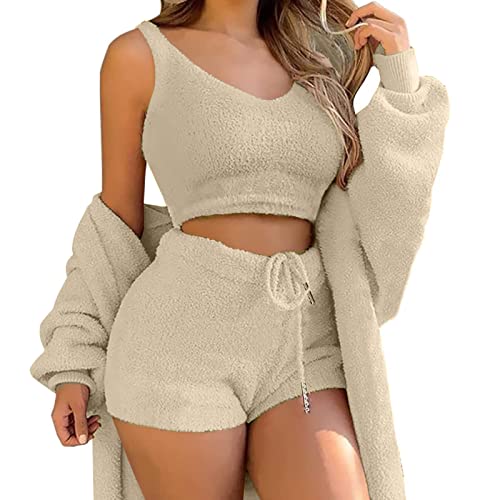 shownicer Schlafanzug Damen Mädchen Dreiteilig Ensembles de Pyjama Warm Coral Fleece Samt Nachtwäsche Kapuzenpullover Jacke Crop Tank Top und Hose 3 Stücke Sets A Weiß XS von shownicer