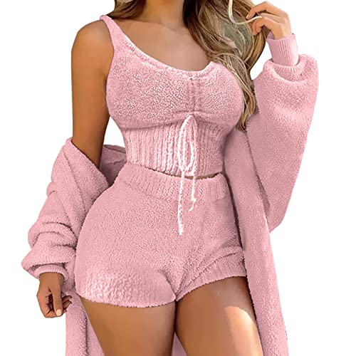 shownicer Schlafanzug Damen Mädchen Dreiteilig Ensembles de Pyjama Warm Coral Fleece Samt Nachtwäsche Kapuzenpullover Jacke Crop Tank Top und Hose 3 Stücke Sets B Rosa S von shownicer