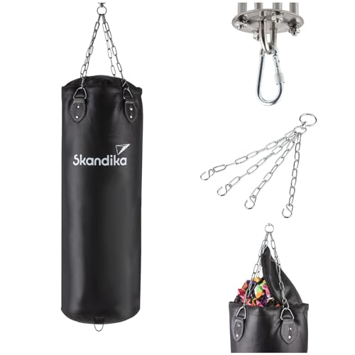 Skandika Boxsack gefüllt für Erwachsene 90 cm, 25 kg | Punching Bag Vierpunkt-Stahlkette, mit Füllung und Deckenaufhängung, hängend |Sandsack Boxing Bag für Muay Thai, Kickboxen und MMA von Skandika