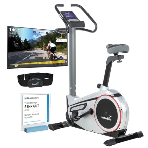 skandika Ergometer Morpheus | Heimtrainer für Zuhause, 12 kg Schwungmasse, 32 Widerstandsstufen, 24 Programme, App Kompatibel mit Kinomap, Pulsgurt, Tablethalterung | Indoor Fahrrad bis 150 kg von Skandika