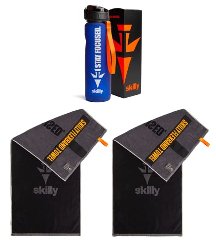 skilly Fitness Set I 2x Fitness Handtuch und 1x Trinkflasche I Funktionshandtuch für Fitnessstudio I Sportflasche mit Klick Verschluss | Flasche BPA frei von skilly