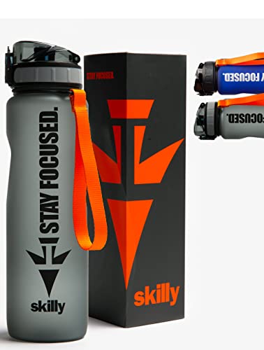 skilly YPO 1.0 Trinkflasche 1l I BPA frei, auslaufsicher I One-Klick Verschluss I Tritan Sportflasche inkl. Frucht-Sieb | Wasserflasche 1Liter für Fitness, Outdoor, Fahrrad, Uni und Gym (grau) von skilly