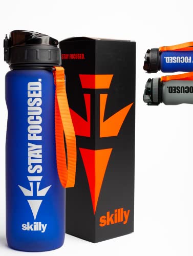skilly YPO 1.0 Trinkflasche 1l I BPA frei, auslaufsicher I One-Klick Verschluss I Tritan Sportflasche inkl. Frucht-Sieb | Wasserflasche 1Liter für Fitness, Outdoor, Fahrrad, Uni und Gym (blau) von skilly