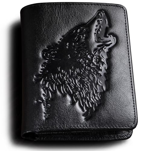 skneephate Wolf Geldbörse Herren Mit Münzfach,Portemonnaie Herren Leder,Portmonee RFID Schutz,Geschenk-Ideen Brieftasche (Black) von skneephate