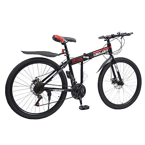 26 Zoll 21-Gang Klappbar Rennrad Erwachsen, Mountainbike mit Radspritzschutz, Doppelscheibenbremsen vorne und hinten und Verriegelbare Gabel, Geschenk (Schwarz mit rot) von soudesileim