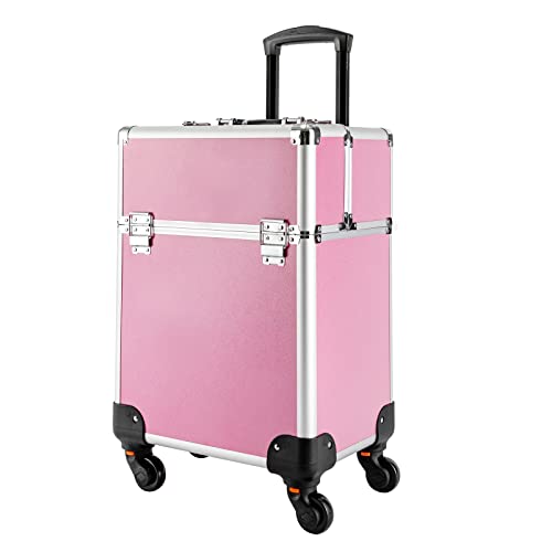 Kosmetik Trolley, Kosmetikkoffer Trolley mit Schloss, 34x24x45cm Friseurkoffer, Nageldesign Koffer mit Zugstange in 3 Positionen, Aluminiumlegierung, Große Kapazität (Rosa) von soudesileim