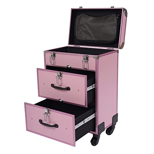 Kosmetikkoffer Trolley, Make Up Koffer Mit 2 Schubladen und 2 Schloss, Friseurkoffer Groß 36x23x58cm, Schminkkoffer mit Rollen 360° Drehbar, Große Kapazität (Rosa) von soudesileim