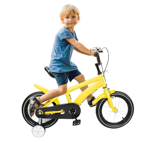 soudesileim 14 Zoll Leicht Kinder Fahrrad Höhenverstellbar, Anwendbare Höhe 100-115cm, max Tragfähigkeit 50kg, Unisex, Kinderräder mit Fahrradklingel, Kinderfahrräder, Geschenk (gelb) von soudesileim