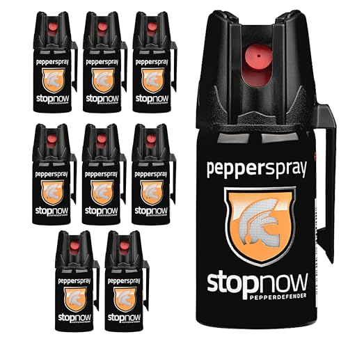 stopnow - 9er Set Pfefferspray & KO-Spray für Selbstverteidigung, Bären & Hunde-Abwehr - Pepper Jet-Sprüh-Strahl - Abwehrspray klein - Tier-Abwehr-Spray, Bärenspray & Verteidigungsspray für Unterwegs von stopnow pepperdefender