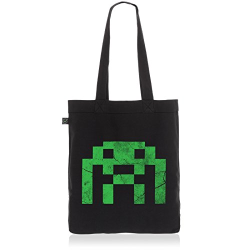 style3 Pixel Invader Biobaumwolle Beutel Jutebeutel Tasche Tote Bag Alien Space, Farbe:Schwarz von style3