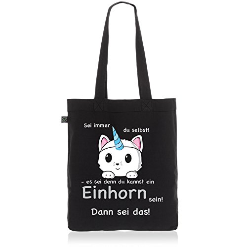 style3 Sei Immer du selbst Einhorn Biobaumwolle Beutel Jutebeutel Tasche Tote Bag Katze Unicorn Kätzchen, Farbe:Schwarz von style3