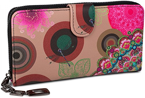 styleBREAKER Damen Geldbörse mit Buntem Blumen Blüten Mandala Muster, Ethno Style, Reißverschluss, Portemonnaie 02040040, Farbe:Beige-Braun-Dunkelbraun-Pink von styleBREAKER