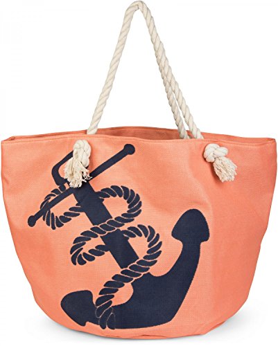 styleBREAKER Strandtasche in Flechtoptik mit Anker Print und Reißverschluss, Shopper, Badetasche, Damen 02012077, Farbe:Apricot-Blau von styleBREAKER