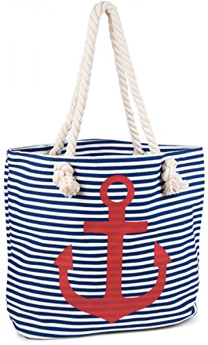 styleBREAKER Strandtasche in Streifen Optik mit Anker, Schultertasche, Shopper, Damen 02012038, Farbe:Blau-Weiß/Rot von styleBREAKER