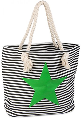 styleBREAKER Strandtasche in Streifen Optik mit Stern, Schultertasche, Shopper, Damen 02012037, Farbe:Schwarz-Weiß/Grün von styleBREAKER