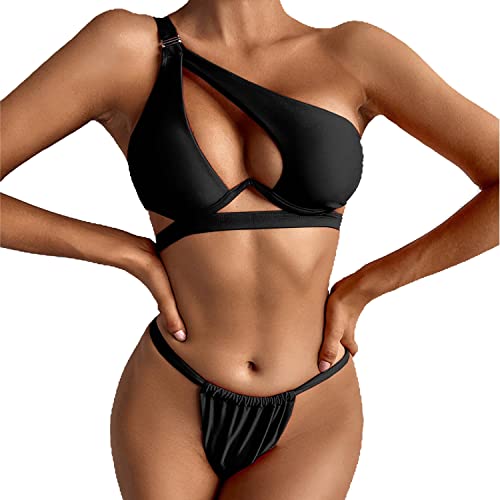 sujinxiu Damen-Bikini-Set mit Einer Schulter, sexy, asymmetrisch, U-Ausschnitt, Riemchen, 2-teilig, Crop Top + Tanga-Badeanzug, 2-teiliges Set von sujinxiu