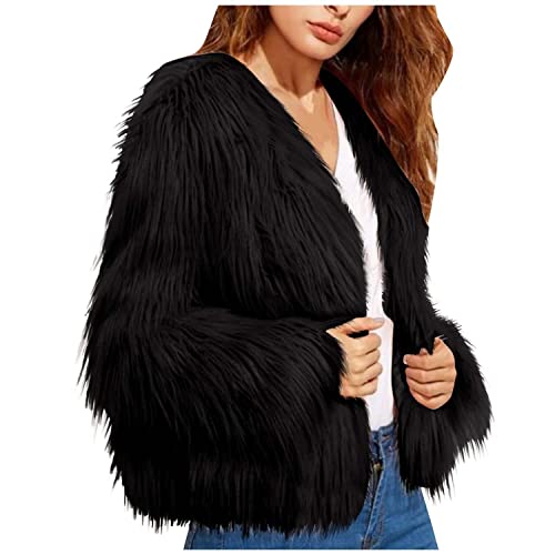 sujinxiu Damen Open Front Faux Fur Cardigan Coat Winter Warm Fuzzy Jacken Vintage Trendy Parka Shaggy Jacket Coat Oberbekleidung Party Club Streetwear von sujinxiu