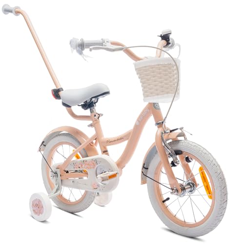 Flower Bike Mädchenfahrrad, 12, 14, 16 Zoll Radgröße zur Auswahl, mit Abnehmbarer Schubstange, Kinderfahrrad für Mädchen von 2 bis 6 Jahre (Aprikose, 14 Zoll) von sun baby