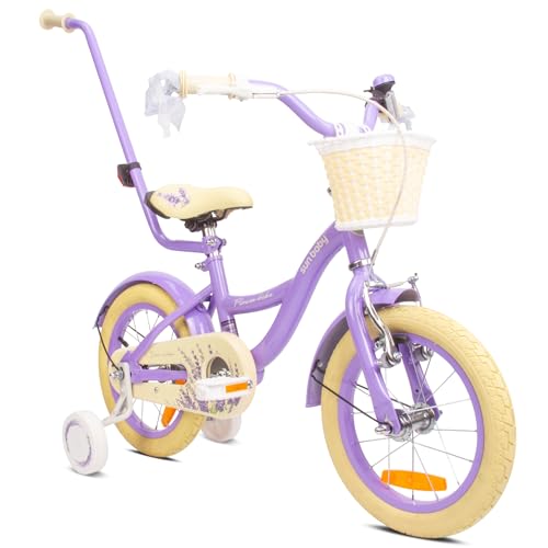 Flower Bike Mädchenfahrrad, 12, 14, 16 Zoll Radgröße zur Auswahl, mit Abnehmbarer Schubstange, Kinderfahrrad für Mädchen von 2 bis 6 Jahre (Lavender, 14 Zoll) von sun baby