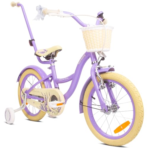 Flower Bike Mädchenfahrrad, 12, 14, 16 Zoll Radgröße zur Auswahl, mit Abnehmbarer Schubstange, Kinderfahrrad für Mädchen von 2 bis 6 Jahre (Lavender, 16 Zoll) von sun baby