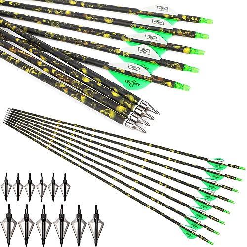 surwolf 31 Zoll Bogenschießen Carbonpfeil Praxis Jagdpfeile Spine 500 mit abnehmbaren Spitzen Zielpfeile für Compound & Recurve & Langbogen 6/12 Stück (12) (12 x Pfeile + 12 x Breitspitzen) von surwolf