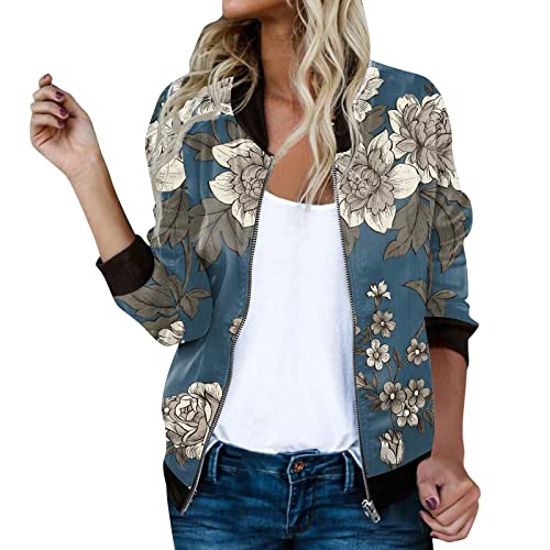 sutelang lurryly Bomberjacke Damen,Leichte Jacke Damen Kurze Blouson Mit Reißverschluss Langarm College Jacke Elegante Blumenmuster Casual Dünne Bomber Jacke Kurz Coat Herbst Frühling Sommerjacke von sutelang lurryly