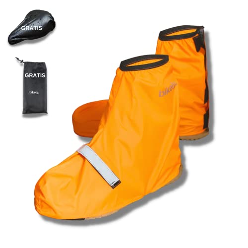 sweatness Fahrrad Regenschutz Schuhe Wasserdicht Inkl. Sattelbezug - Gr. 36-39 Orange mit Reflektorenstreifen und einfachen Größeneinstellung für Damen und Herren von sweatness