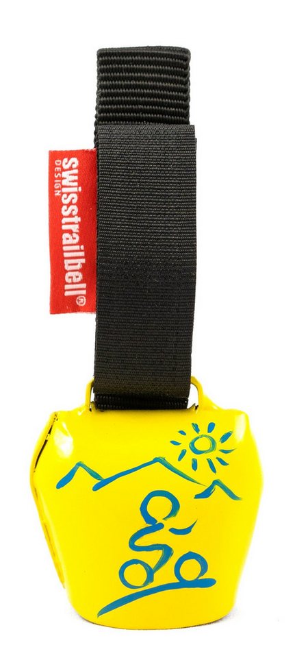 swisstrailbell Fahrradklingel fresh Colour: Gelb mit blauem Mountainbiker, schwarzes Band, Trailbell von swisstrailbell