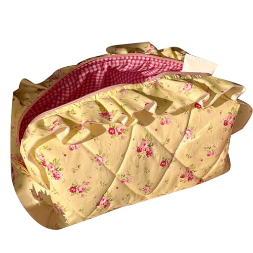 szutfidy Kosmetiktasche aus Baumwolle, Lippenstift-Schlüssel, gesteppter Blumendruck mit Reißverschluss, großes Fassungsvermögen, leicht, Make-up-Organizer, Reise-Kulturartikel, gelb von szutfidy