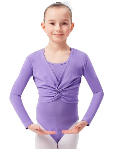 tanzmuster ® Ballettjacke Mädchen Langarm - Mia - aus sehr weichem Baumwollstoff Ballett Top zum Reinschlüpfen in lavendel, Größe 128/134 von tanzmuster